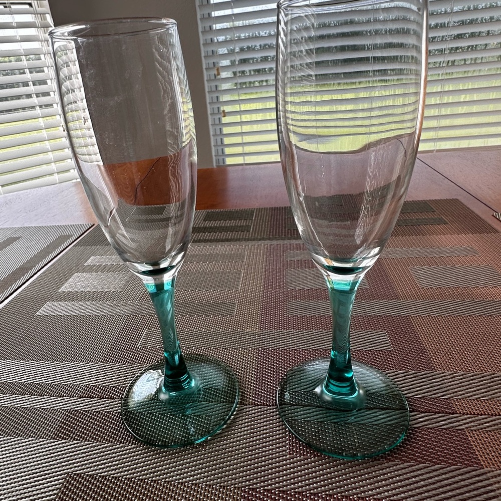 Champagne Glass Flutes Teal Green Turquoise Stem with Clear Bowl.